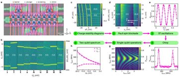 Fig. 1 — Fig. 1: Device and measurement protocol of the 18-qubit modular array. a, False-colored scanning electron microscope image of the 18-qubit device. O…