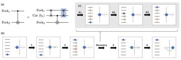 Fig. 5 — Figure 5: Proof-of-principle implementation of a bias-preserving CX between 0-n Fock qubits. (a) Circuit decomposition. The CX can be implemented by…