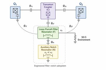 Fig. 1 — Figure 1: Schematic of the Purcell-engineered filter–notch hybrid coupler. The engineered environment comprises two coupled resonant elements: a los…