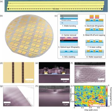 Fig. 1 — Figure 1: Low voltage and high bandwidth thin film lithium tantalate modulators on a fused silica substrate. (a) Microscope picture of a chip compri…