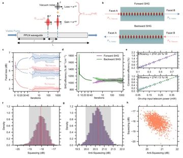 Fig. 3 — Figure 3: Prediction of on-chip squeezing/anti-squeezing using non-linear equation solver. a, Evolution of continuous-wave squeezing along the PPLN…