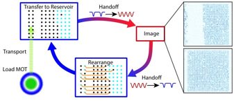 Fig. 1 — Figure 1: Conceptual diagram of repeated loading sequence. A “reservoir” optical tweezer array (smaller left grid) is repeatedly filled with 171Yb a…