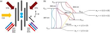 Fig. 1 — Figure 1: Experiment overview. (a) Cartoon of two ions in the trap with directions and wavelengths of incident laser beams in nm. All beam diameters…