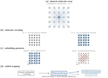 Fig. 1 — Figure 1: Physical to code mapping for a molecular tweezer array hosting the data qubits of a rotated surface code, illustrated at d=5d=5. Circles d…