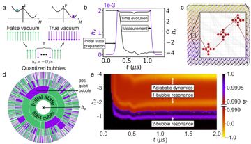 Fig. 1 — Figure 1: Realizing false vacuum decay on a quantum annealer. a The semi-classical energy landscape VV as a function of magnetization MM of a ferrom…