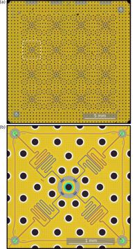 Fig. 9 — Figure 9: Images of the 64-qubit device. (a) Photograph of the 64-qubit chip. The unit cell containing the measured qubit is highlighted. (b) False-…
